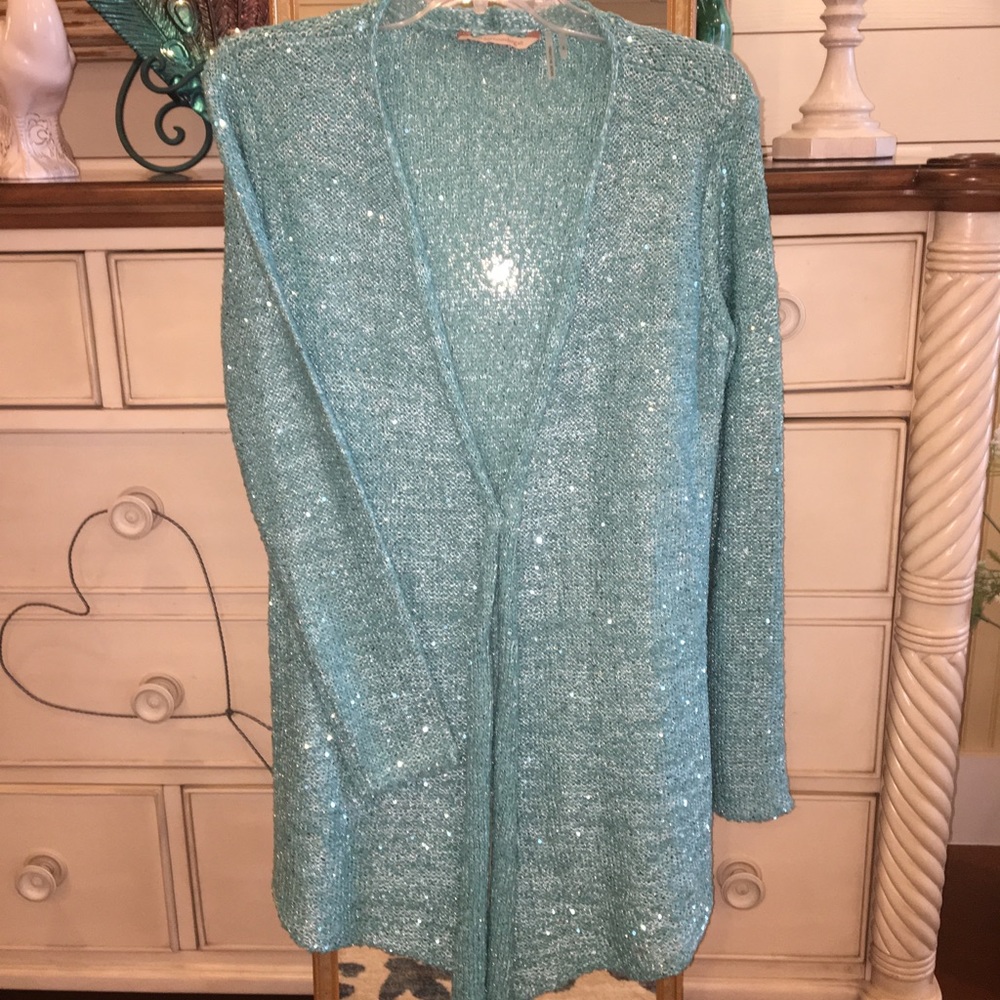 Soft Surroundings Sequin Teal/Aqua Sparkly Open-front Sweater